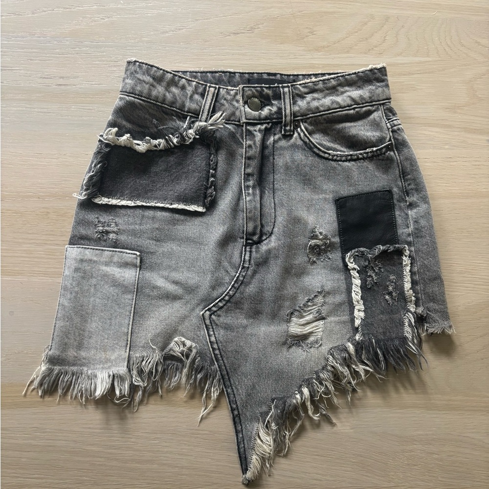 Retrofete Asymmetrical Distressed Denim Skirt - Gray and Black